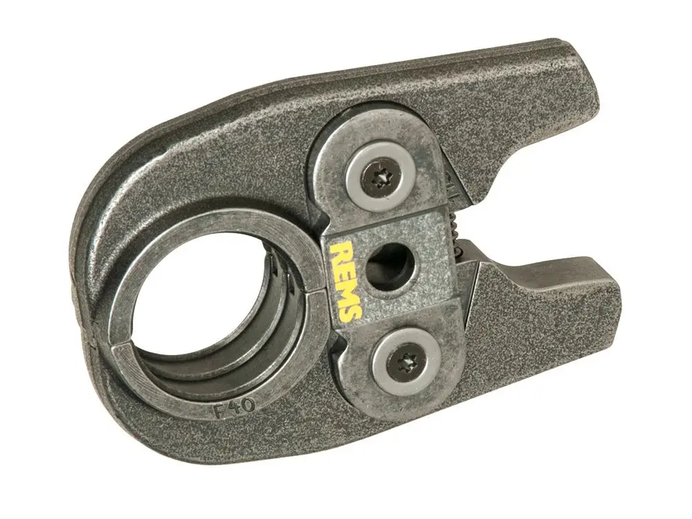 Pressbacke aus Metall mit zweigeteilter Auflagefläche, geeignet für die Verbindung von Rohren, sichtbar mit Markenlogo von Fränkische.